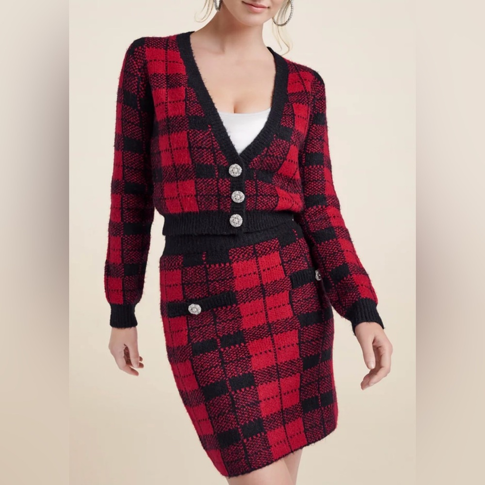 NWT Red and Black Plaid Cardigan and Skirt  Set